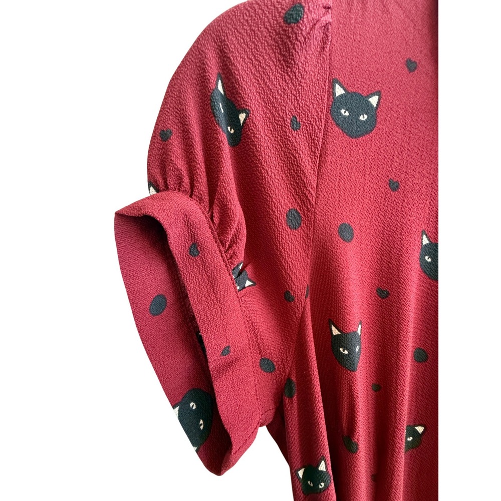 Burgundy Black Cat face swing fit and flare dress Collectif London Retro US 2 - Picture 5 of 7